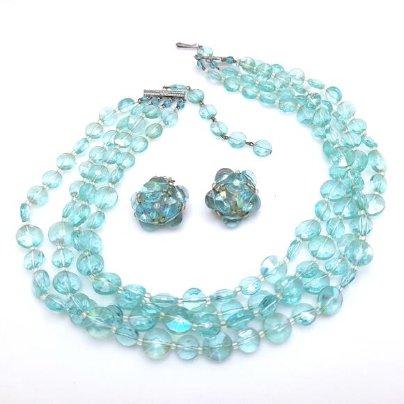 Vintage West Germany Aqua Lucite Bead Necklace Earrings Set, 1940s - Picture 13 of 13